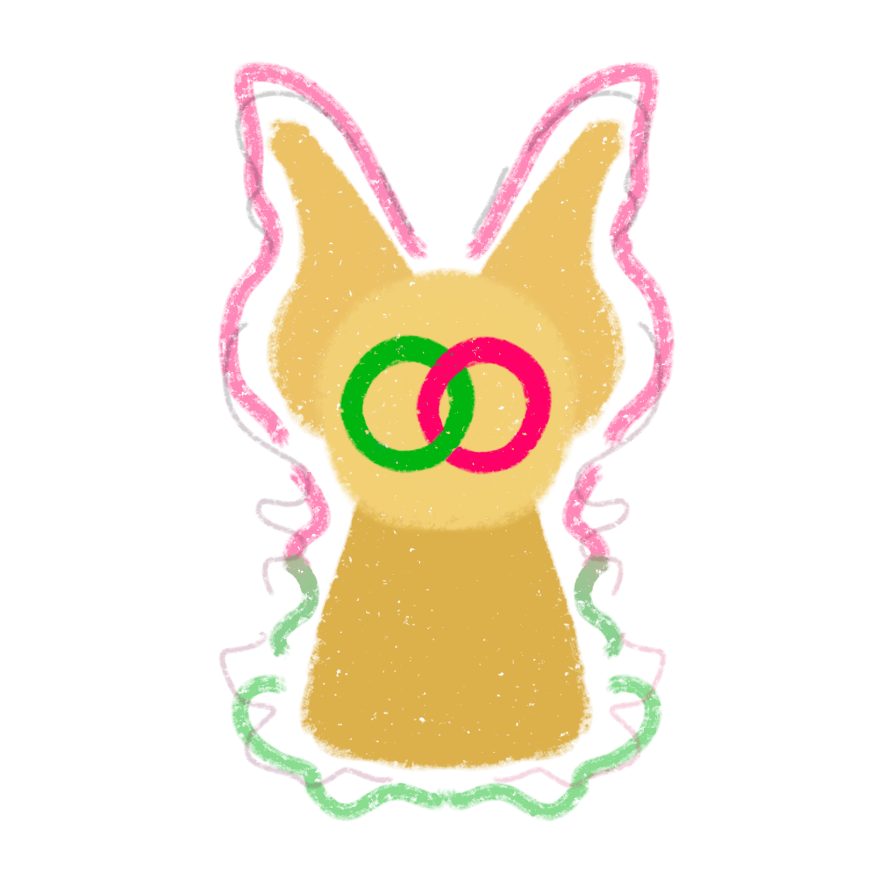 a cartoonish yellow rabbit with a large head, long ears, and a simple body. on the face there are overlapping circles in the shades green and pink, and The creature is outlined in pink and green.